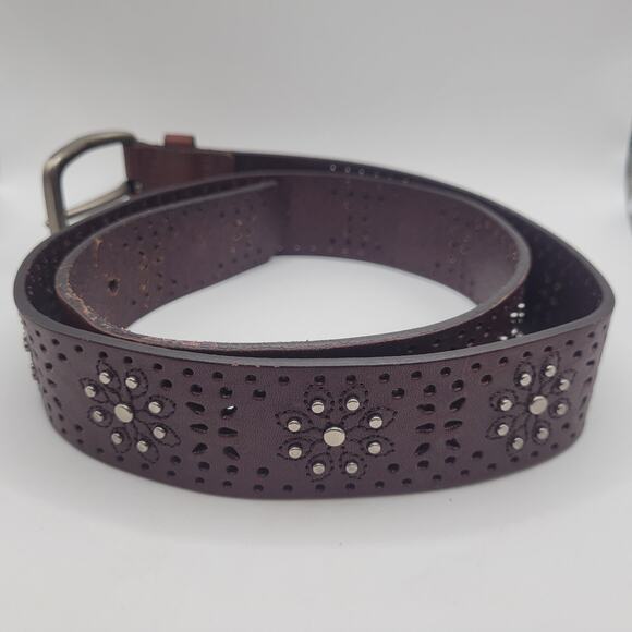 Brown Leather Belt Medium Floral Studded Boho Western Cowgirl Rustic Embellished main image 5